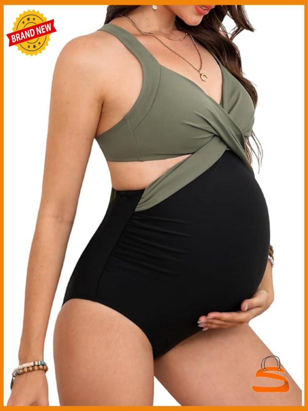 Maternity One Piece Swimsuit V Neck Front Wrap Criss Cross Cutout Ruched
